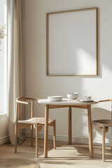 Scandinavian simple interior design living room, dining room with empty poster mockup on the wall