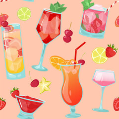 Vector seamless cocktails and slices of fruit pattern on beige background. Summer bright design with campari, daiquiri, mojito can be used for wallpaper, website background, wrapping paper, fabric