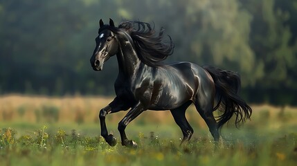 Beautiful dark horse playing on the grass field very detailed and realistic shape