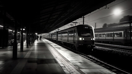 Fototapeta premium Train Station - Black And White, Monochrome, Noir Photography, Abstract, Minimalist, Timeless
