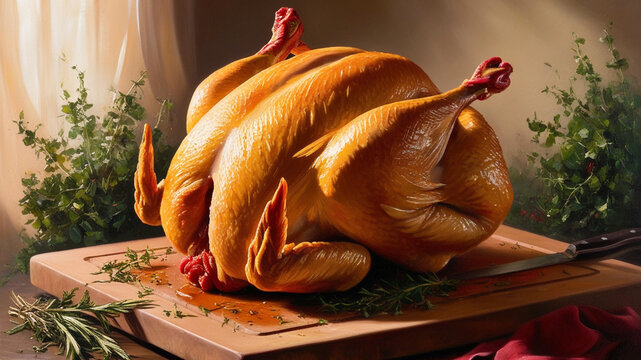 Juicy broiler chicken positioned on a rustic wooden cutting board