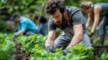 Group of people gardening in a lush green garden, focusing on planting and taking care of plants during a sunny day.