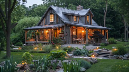 Charming rustic cabin with warm lighting, surrounded by lush greenery and a beautifully landscaped garden in a peaceful forest setting.