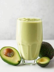 A refreshing avocado smoothie in a glass with avocado halves on a white background.