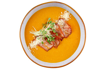 Delicious lentil soup with bacon and parsley in bowl isolated on white, top view