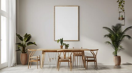 Scandinavian simple interior design living room, dining room with empty poster mockup on the wall