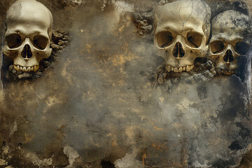 Grey Concrete Background With Human Skulls and Crossbones