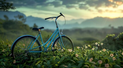 Naklejka premium Blue bicycle with evening on greenery landscape background very detailed and realistic shape