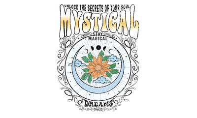 Sun moon and star. Mystical dreams artwork for t shirt print, poster, sticker, background and other uses. Sunshine with star artwork. Spring flower. Unlock the secret of your soul.