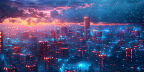View of a futuristic cityscape at night