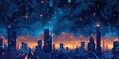 View of a futuristic cityscape at night