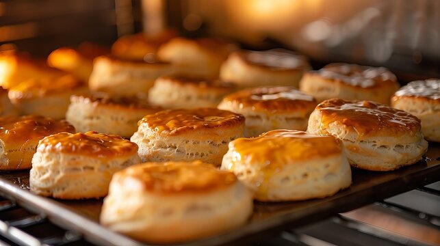 Homemade buttery biscuits are fresh out of the oven, ready to be enjoyed with a drizzle of honey.