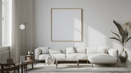 Scandinavian simple interior design living room, dining room with empty poster mockup on the wall