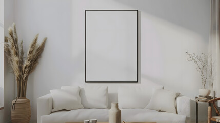 Scandinavian simple interior design living room, dining room with empty poster mockup on the wall
