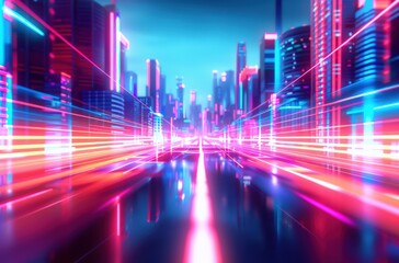 A futuristic city skyline with neon lights and glowing streaks of light.