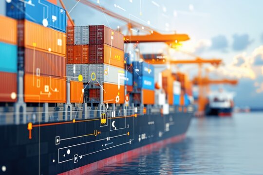 Cargo Ship with Containers and Digital Overlay