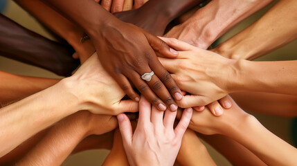 Close up of different hands that are clasped together, visualizing the concept of solidarity.