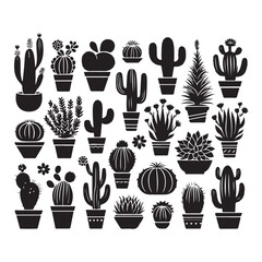 Fototapeta premium Black silhouettes of different cacti on a white background, vector