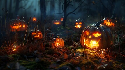 Naklejka premium Candle lit halloween pumpkins in a horror forest very detailed and realistic shape