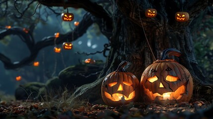 Fototapeta premium Candle lit halloween pumpkins under the tree very detailed and realistic shape