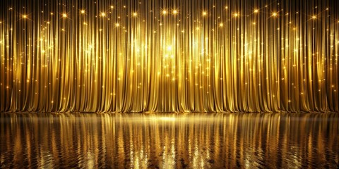 A background of golden stage curtains illuminated by twinkling lights, creating a glamorous and celebratory atmosphere. - curtain, gold, stage, lights, sparkling, background, golden, celebration, glam
