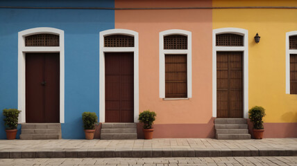 Fototapeta premium Hispanic heritage: street and buildings in traditional colors, concept