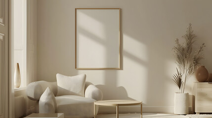 Scandinavian simple interior design living room, dining room with empty poster mockup on the wall