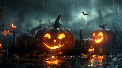 Candle lit halloween pumpkins in a raining with cloudy weather very detailed and realistic shape