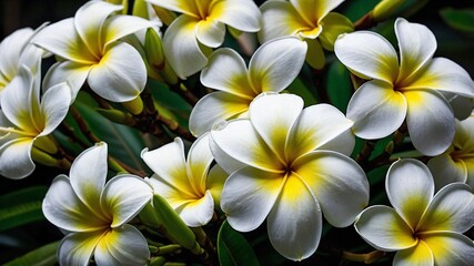Fototapeta premium Traditional hawaiian plumeria flowers highlighted by its distinctive white petals and vibrant yellow core