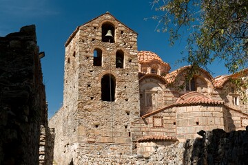 View of the Byzantine city of Mystras. Saint Dimitrios Mystras Holy Orthodox Metropolitan Church. Unesco world heritage. Peloponnese. Greece.