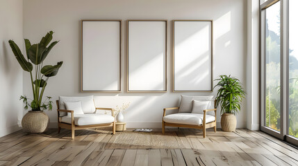 Modern interior design living room, dining room with empty poster mockup on the wall