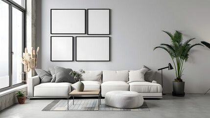 Modern interior design living room, dining room with empty poster mockup on the wall