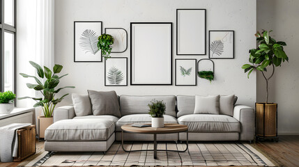 Modern interior design living room, dining room with empty poster mockup on the wall