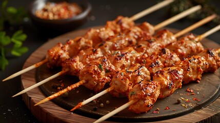 Chicken skewers isolated on a wooden plate very detailed and realistic shape