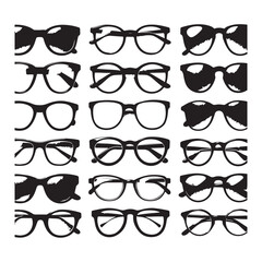 Black silhouettes of different eyeglasses on a white background