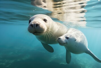 Obraz premium Baby seal with mother in the sea. Scientific name: Phoca vitulina