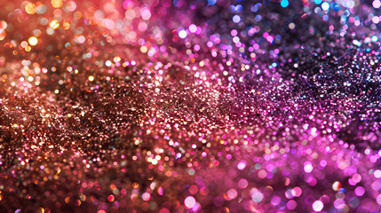 Shiny glitter background in purple, pink and orange colors. Glowing celebration atmosphere