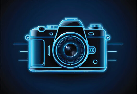 a vector drawing of a digital camera outline with a blue background and glowing effects