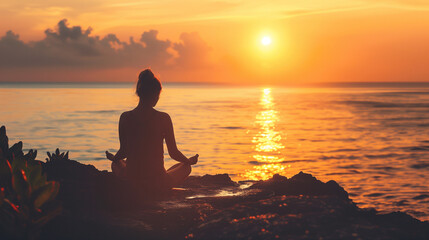 Fototapeta premium woman meditate in the nature in the morning light
