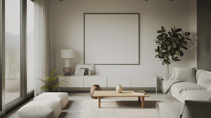 Modern interior design living room, dining room with empty poster mockup on the wall