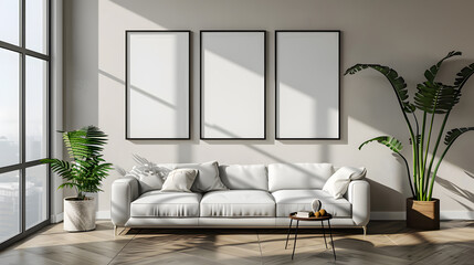 Modern interior design living room, dining room with empty poster mockup on the wall