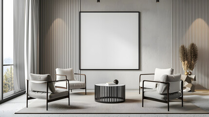 Modern interior design living room, dining room with empty poster mockup on the wall