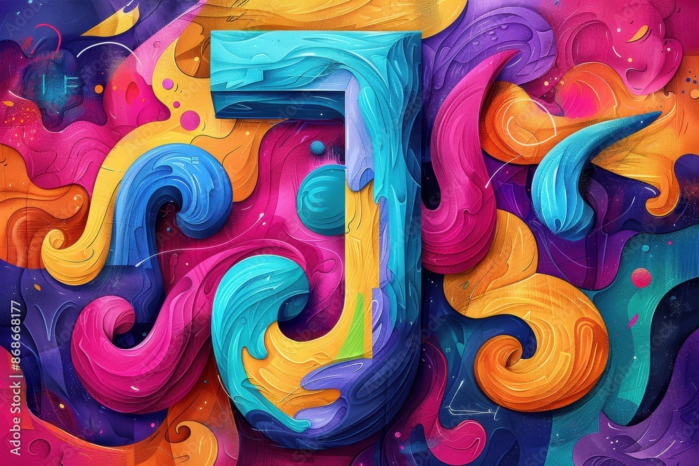 Fototapete A vibrant illustration showcasing the letter J in a creative and artistic way surrounded by other alphabet letters. This design is perfect for adding a fun and lively element to your projects.