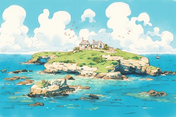 Charming Watercolor Illustration of a Small Island with a House