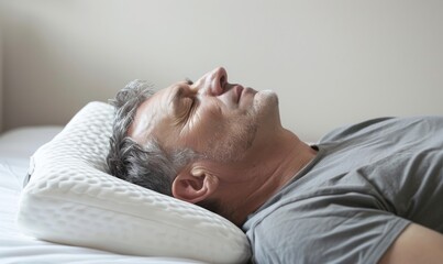 middle-aged man sleeping on his back with a snoring pillow, close-up shot of face and neck, gray t-shirt, side view, calm environment, soft natural light, commercial photography, relaxed posture