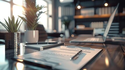 A detailed labor law compliance checklist on a sleek desk, modern office setup, organized documentation