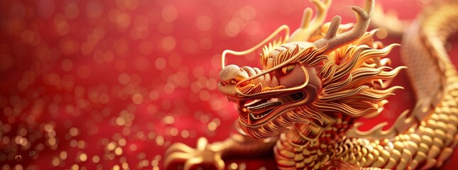 Obraz premium Golden Chinese dragon on red background