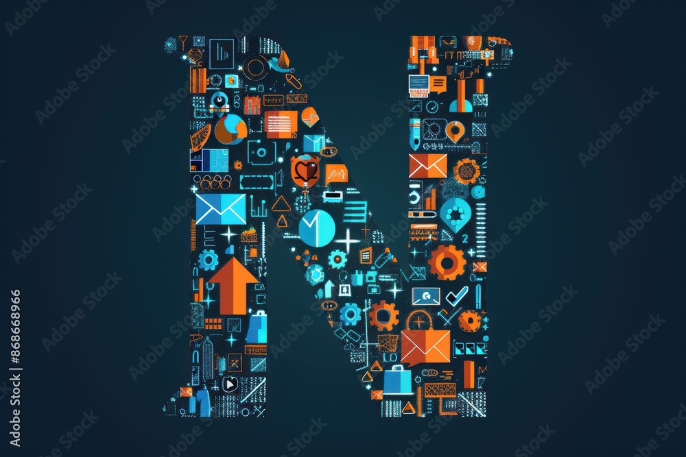 Fototapete an illustration of the letter n made up of smaller letters symbols and icons representing the concep