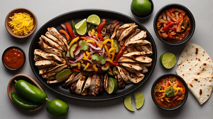 fajitas of fried meat strips, onion, julienned green, yellow and red bell peppers served on table