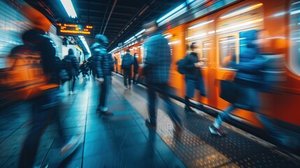 Obraz premium Blurred Motion of Passengers Boarding a Train